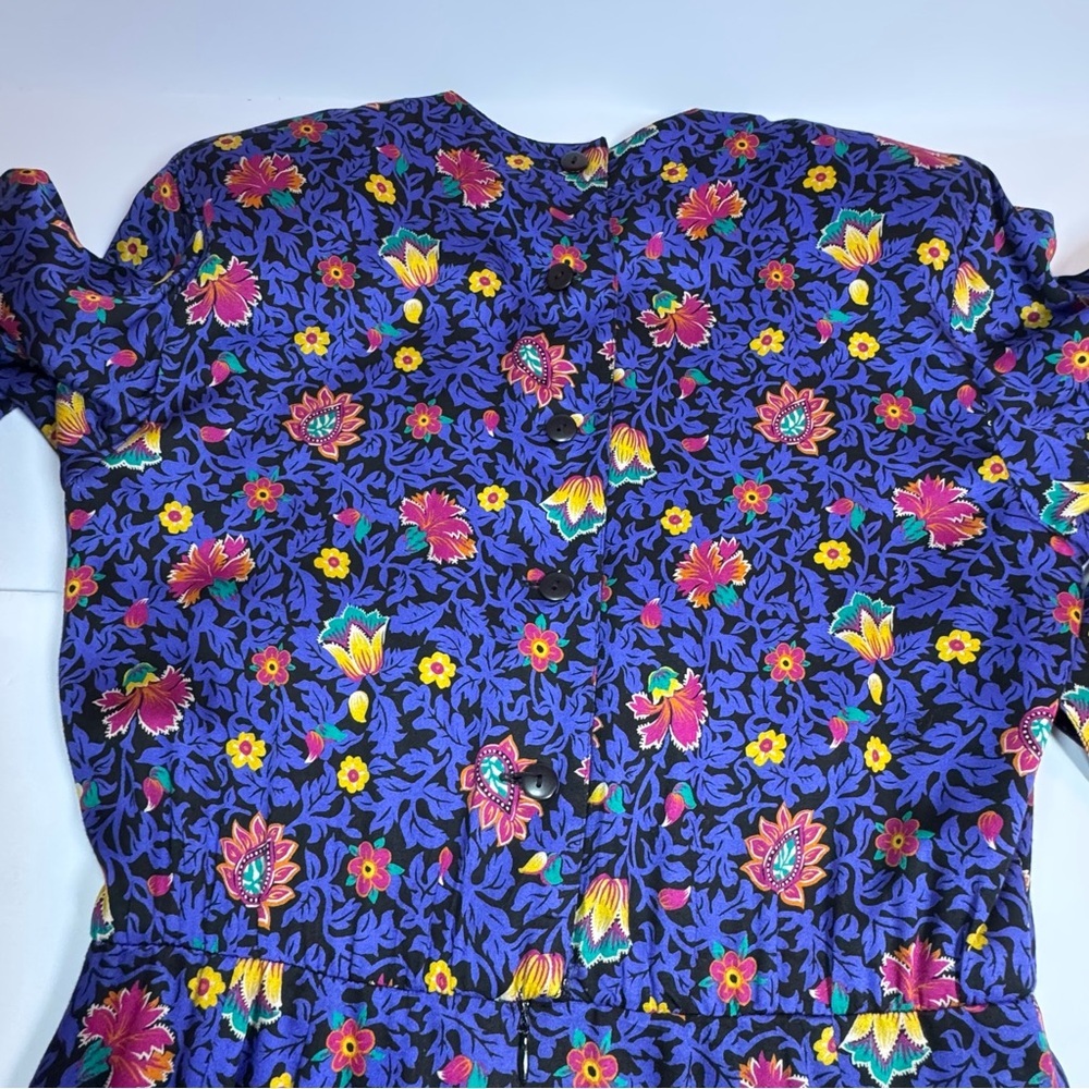 Liz Claiborne Vintage Floral Midi Dress Petite 8 Blue Rayon Belted Long Sleeve - Picture 10 of 11
